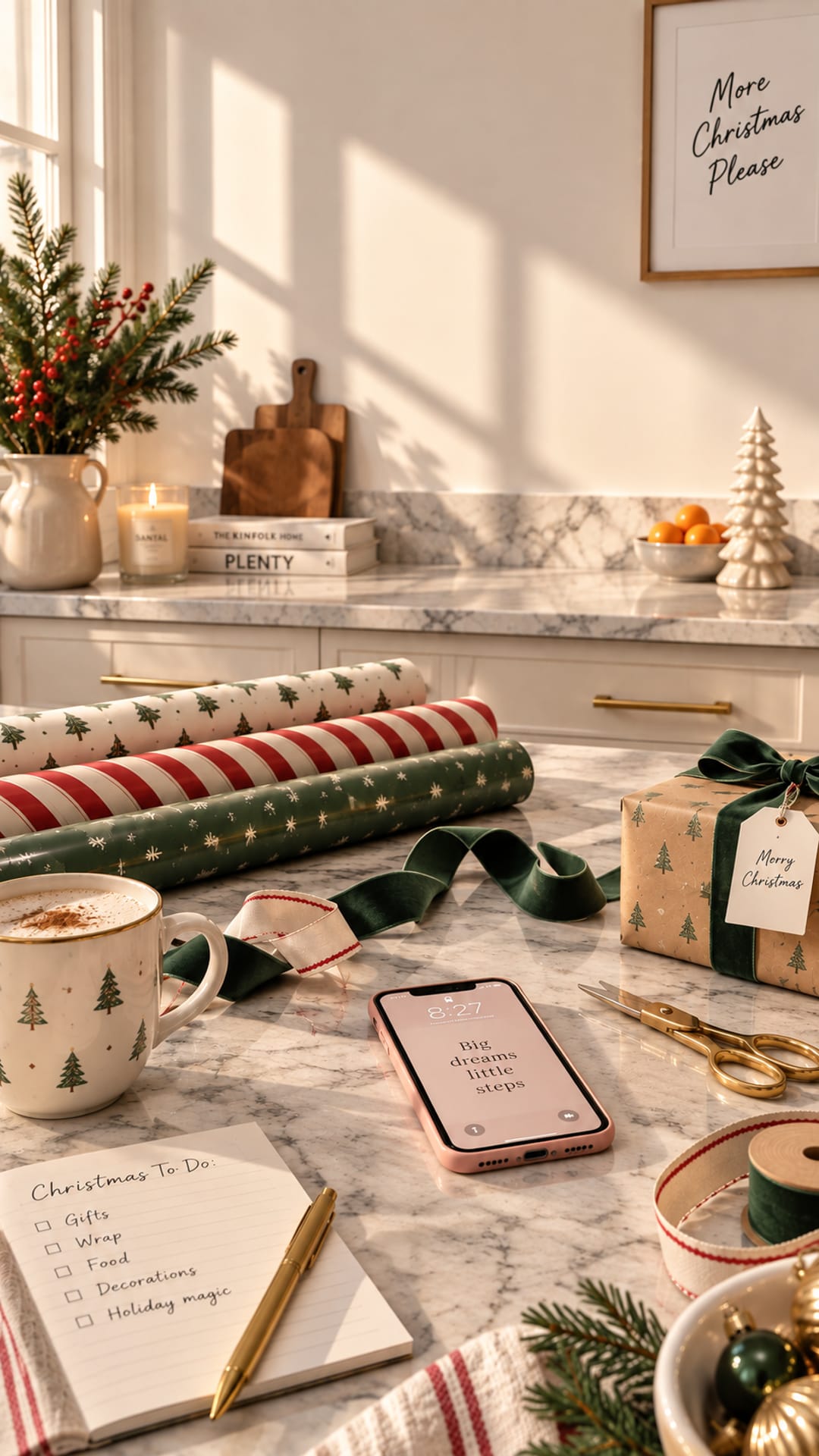 A kitchen bench with rolls of wrapping paper, ribbon, a phone and a coffee in morning light.
